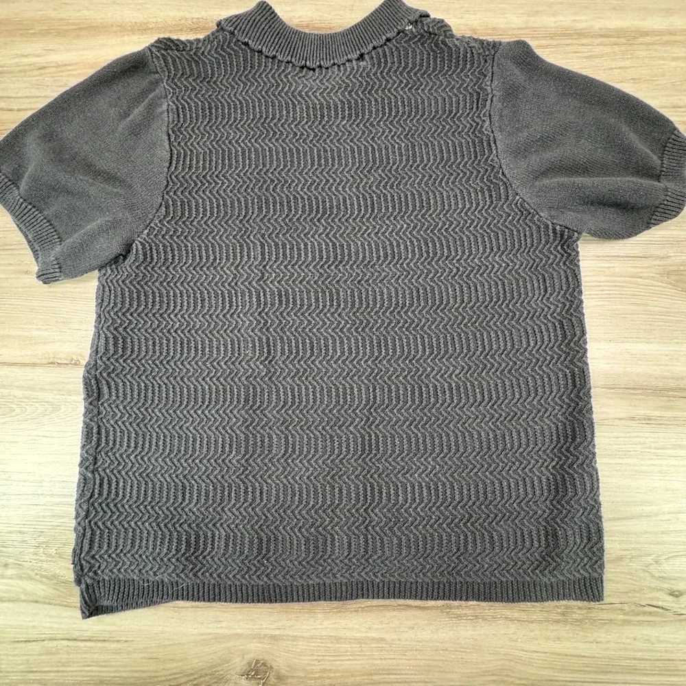 VTG Alfred Dunner‎ Womens Gray Chevron Textured Knit Beaded Polo Sweater Top L